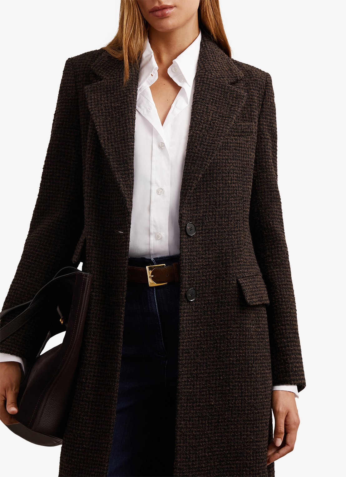 Reiss Kai mantel in wolblend met ruitdessin - detail 3 chocoladebruin