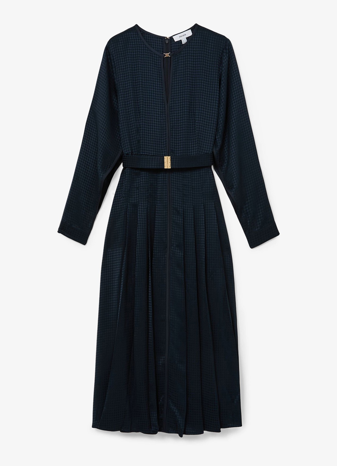 Reiss Kea midi jurk met ceintuur en plooidetail - voorkant 2 donkerblauw