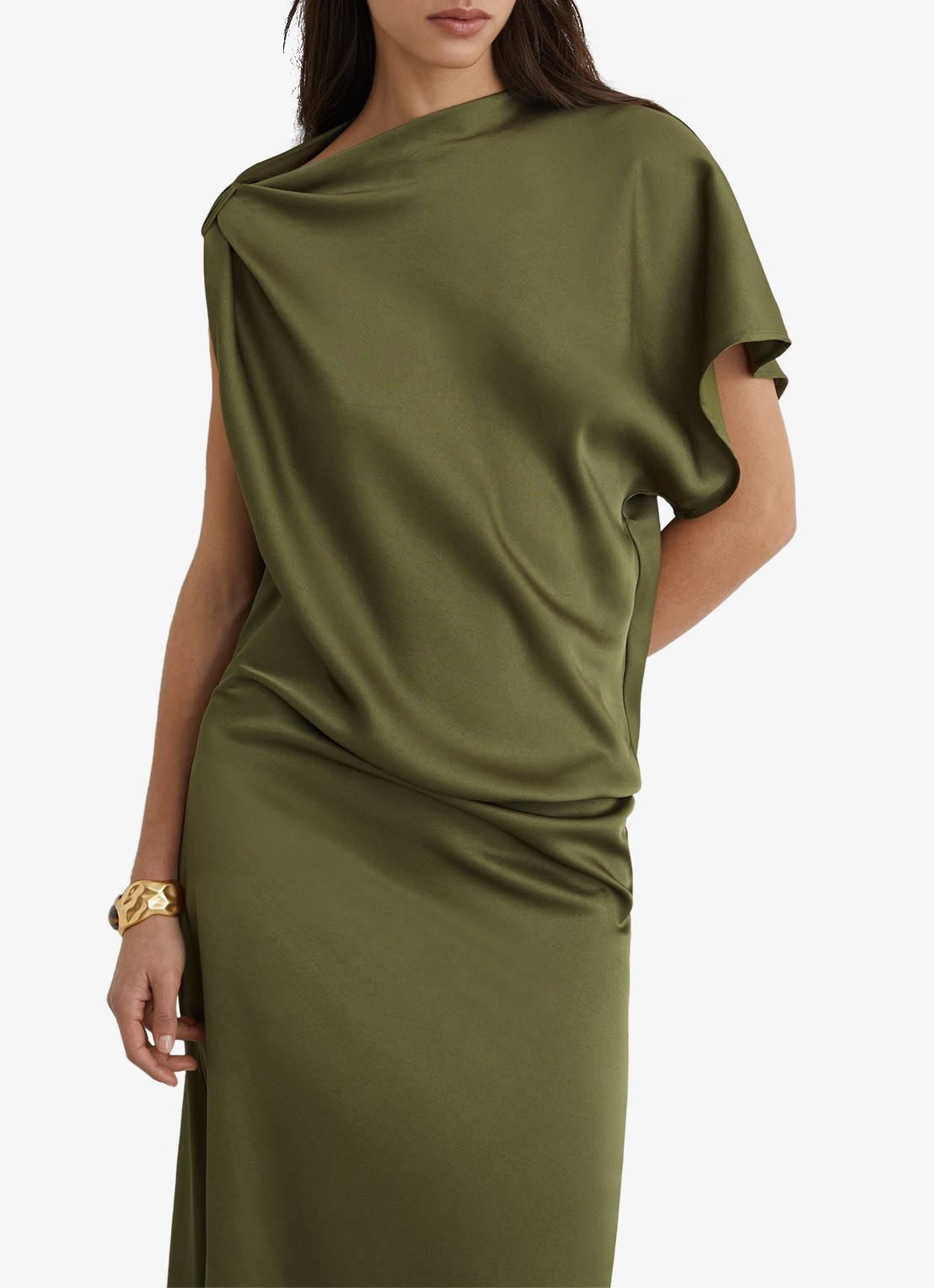 Reiss Kenzie asymmetrische gedrapeerde midi-jurk - detail olijfgroen