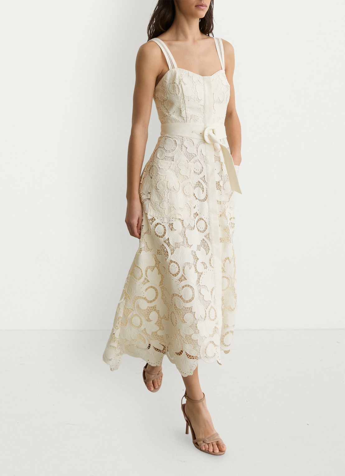 Reiss Kerina midi jurk met borduring en ceintuur - detail 4 creme