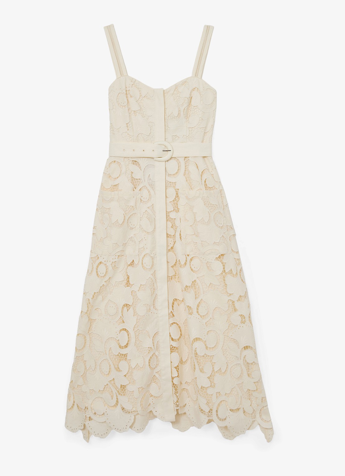 Reiss Kerina midi jurk met borduring en ceintuur - voorkant 6 creme