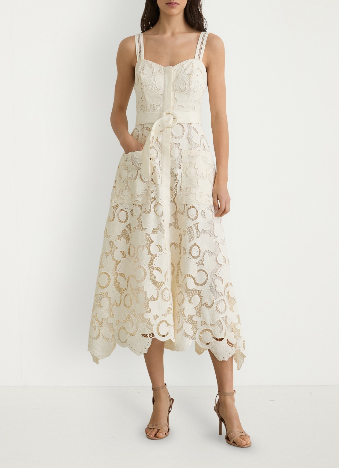 Reiss Kerina midi jurk met borduring en ceintuur - voorkant 7 creme