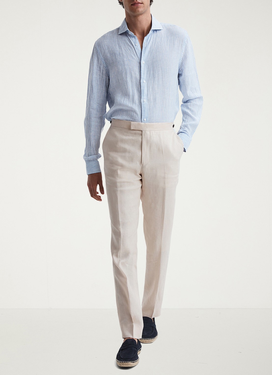 Reiss Kin slim fit pantalon van linnen met steekzakken - voorkant 5 stone / beige