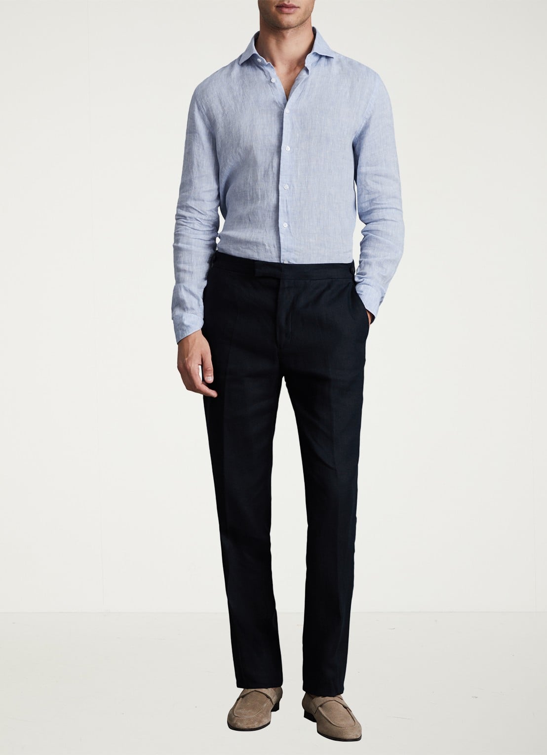Reiss Kin slim fit pantalon van linnen met steekzakken - voorkant 2 donkerblauw