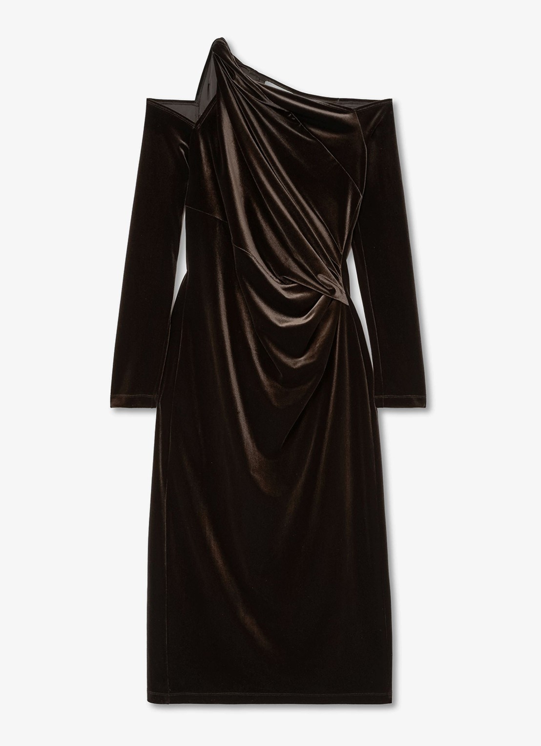Reiss Koda gedrapeerde off-shoulder midi-jurk van fluweel - voorkant 6 bruin