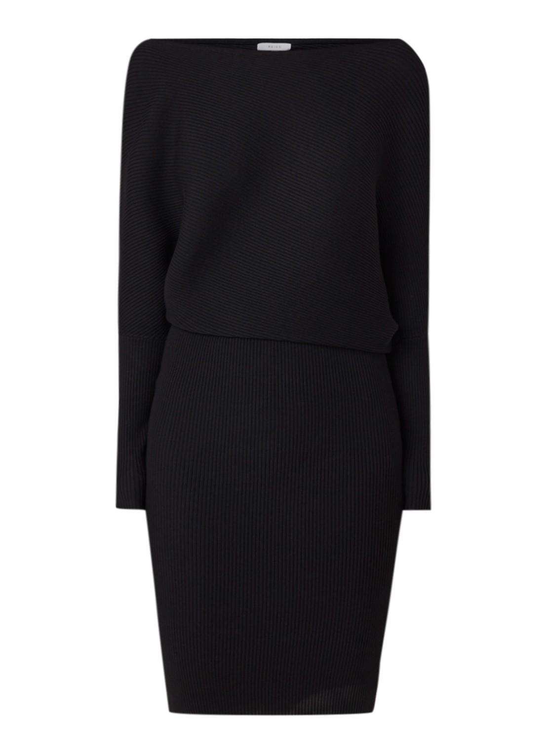 Reiss Lara off shoulder midi jurk met ribstructuur - voorkant zwart