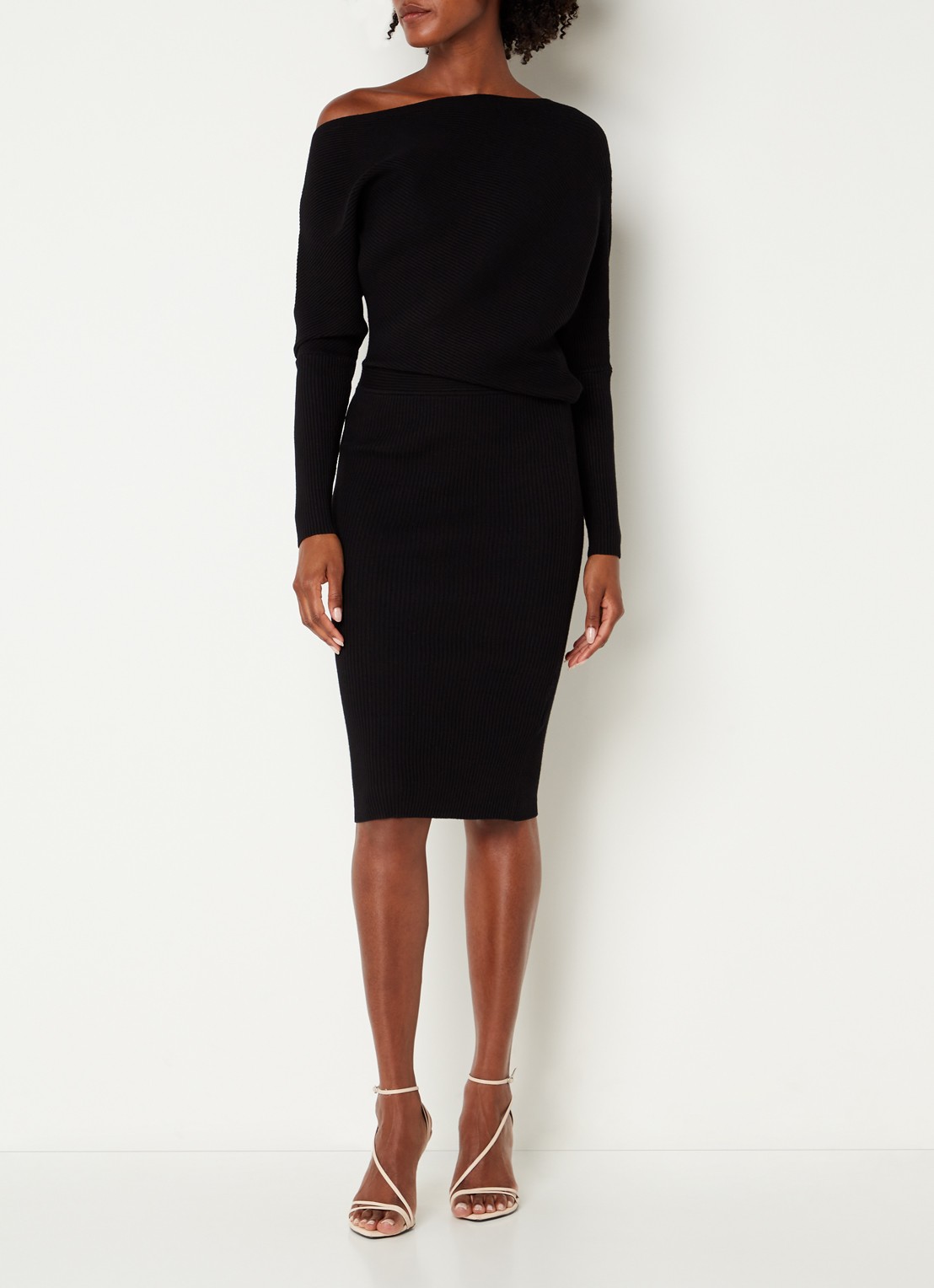 Reiss Lara ribgebreide midi trui-jurk met boothals  - detail zwart