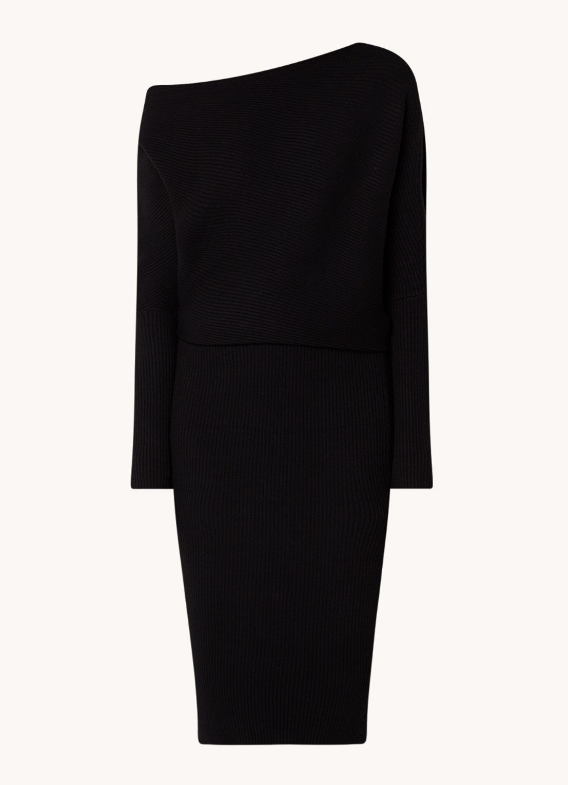 Reiss Lara ribgebreide midi trui-jurk met boothals  - voorkant 3 zwart