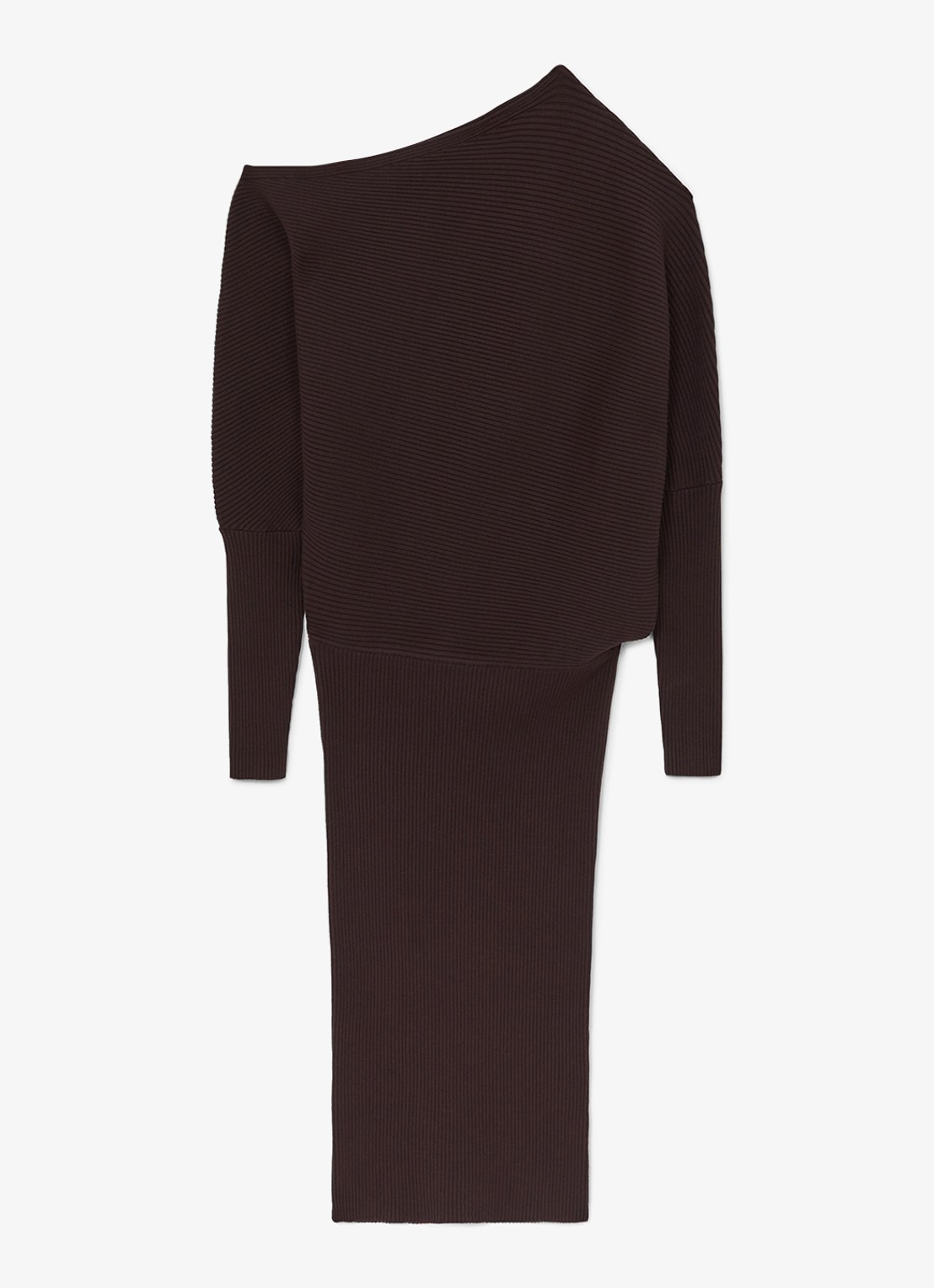 Reiss Lara ribgebreide one shoulder midi jurk - voorkant 5 donkerbruin