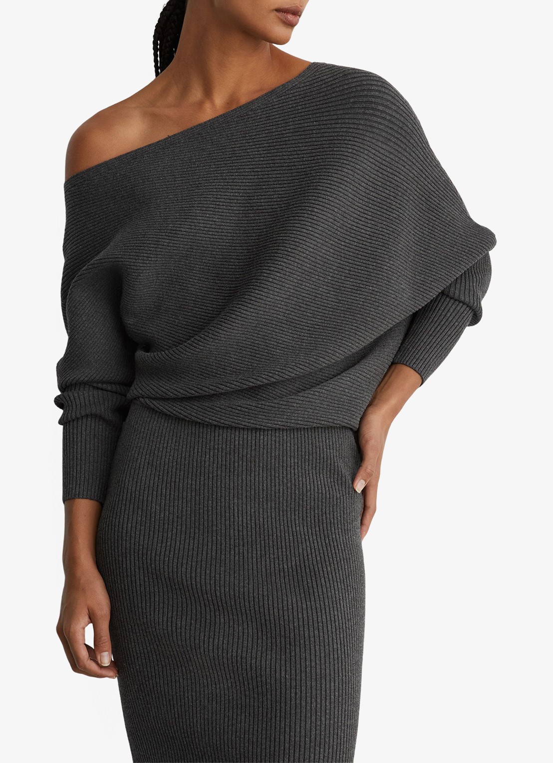 Reiss Lara ribgebreide one shoulder midi jurk - detail 2 donkergrijs