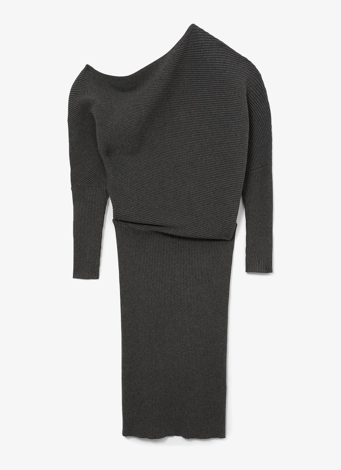Reiss Lara ribgebreide one shoulder midi jurk - voorkant 4 donkergrijs