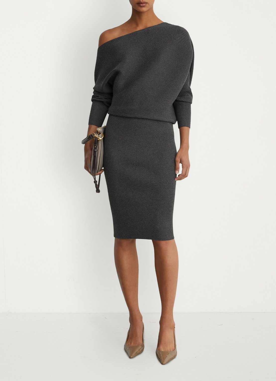 Reiss Lara ribgebreide one shoulder midi jurk - voorkant 5 donkergrijs