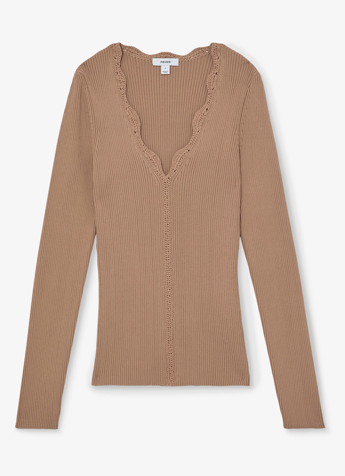 Reiss Lara ribgebreide trui met crochet detail - voorkant camel
