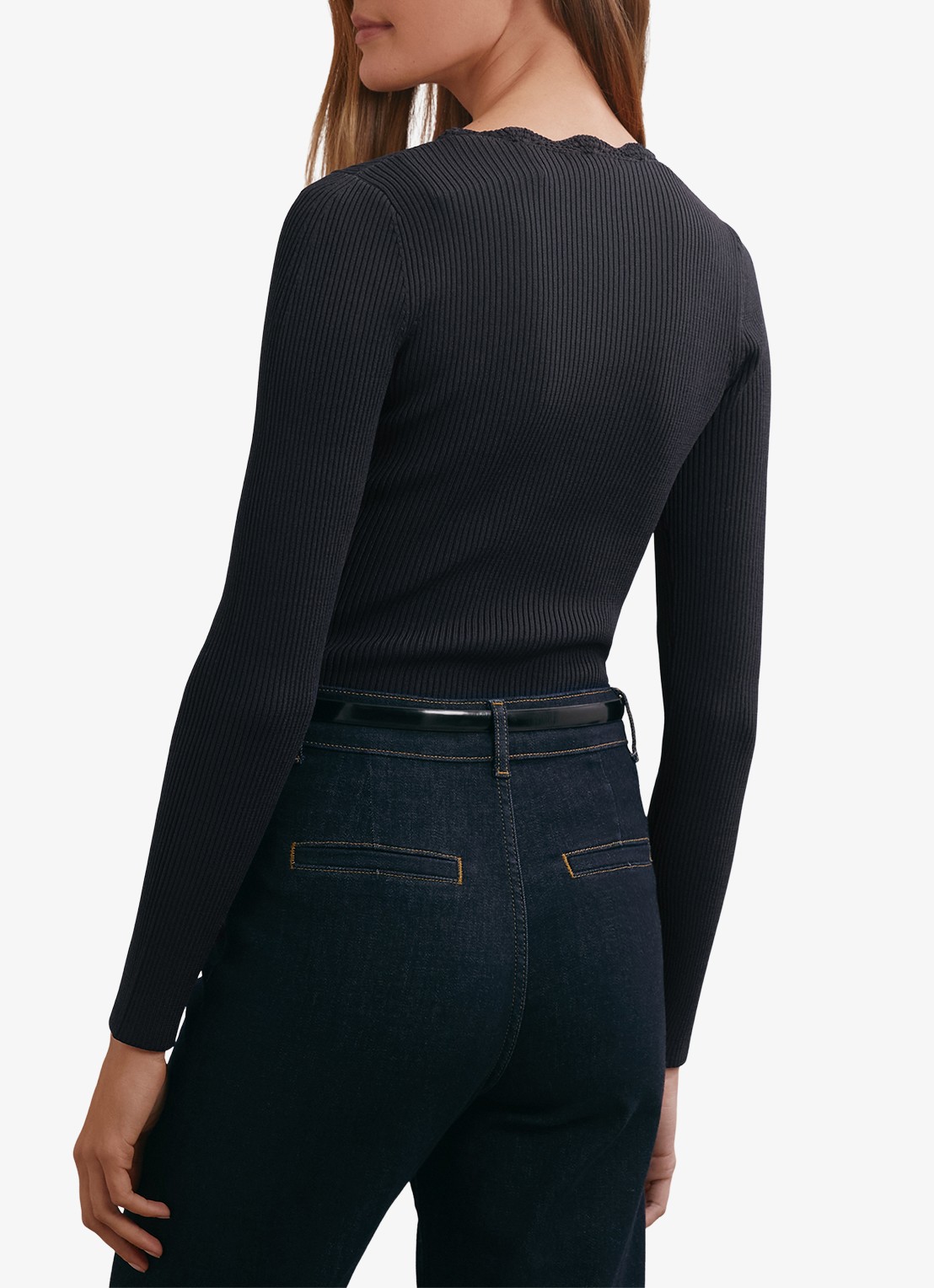 Reiss Lara ribgebreide trui met crochet detail - achterkant blauw