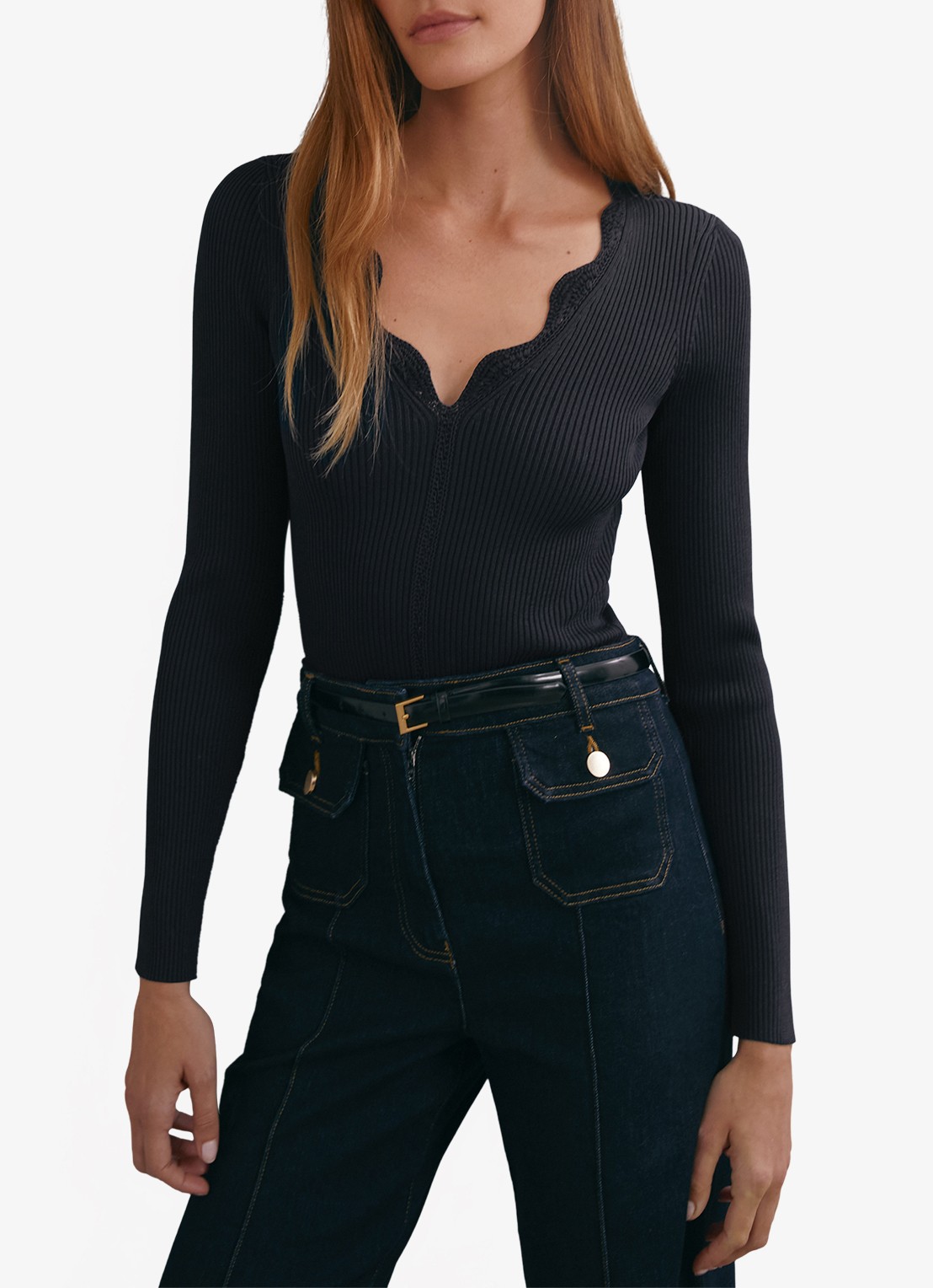 Reiss Lara ribgebreide trui met crochet detail - detail 4 blauw