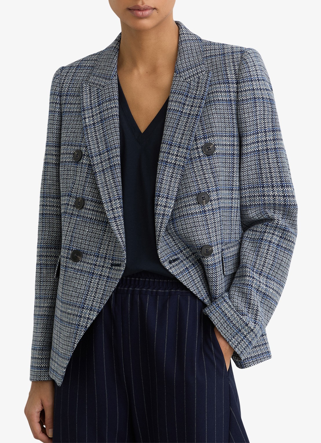 Reiss Larissa double breasted blazer in linnenblend met ruitdessin  - detail grijs