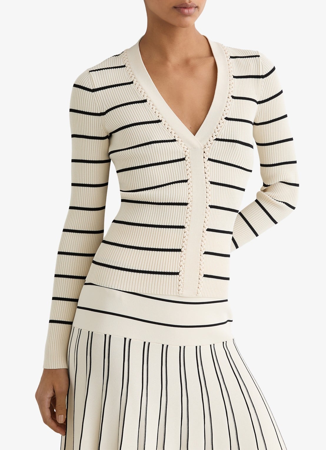 Reiss Lauralee ribgebreid trui met streepprint  - detail gebroken wit