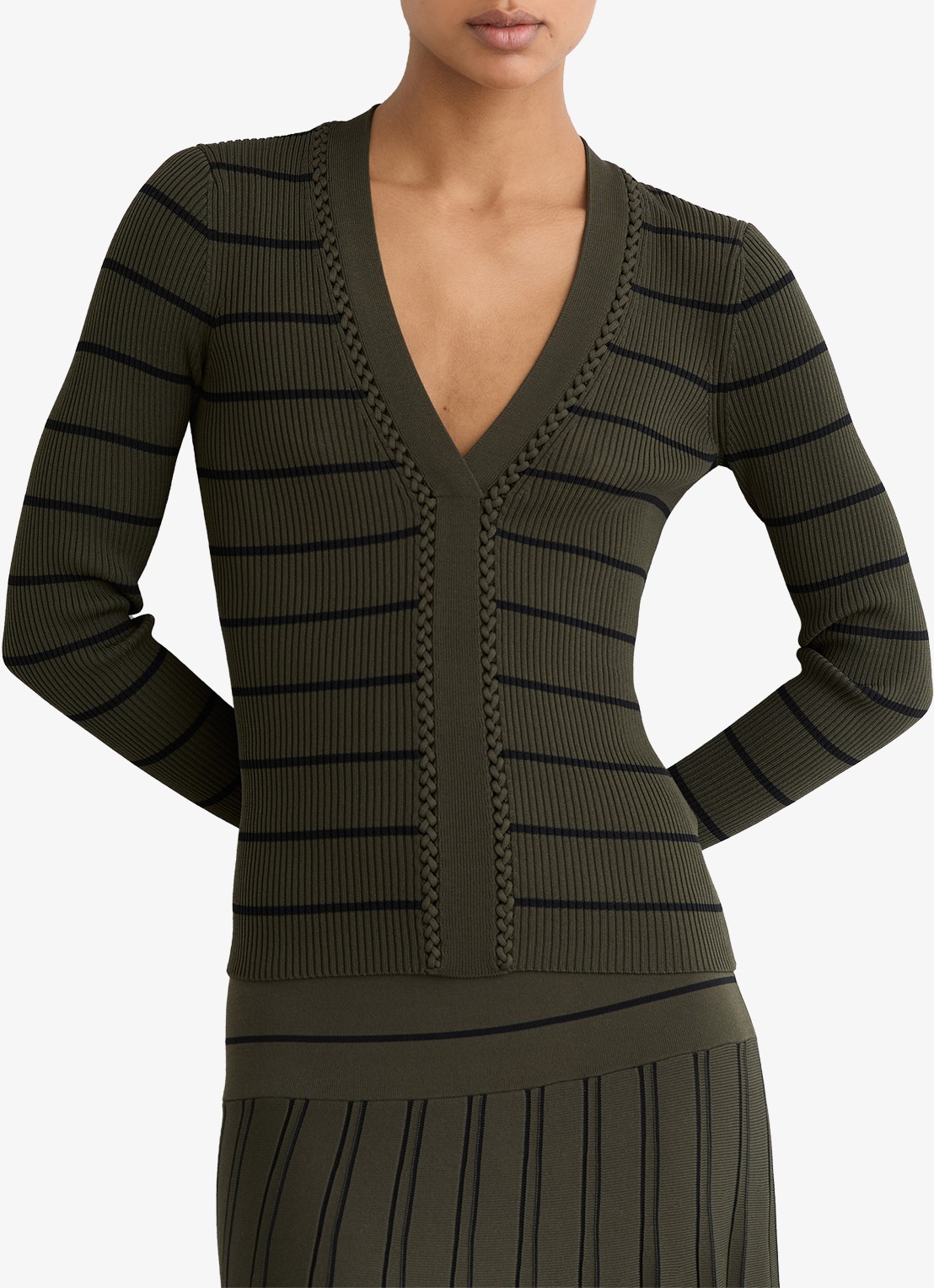 Reiss Lauralee ribgebreid trui met streepprint  - detail 4 khaki
