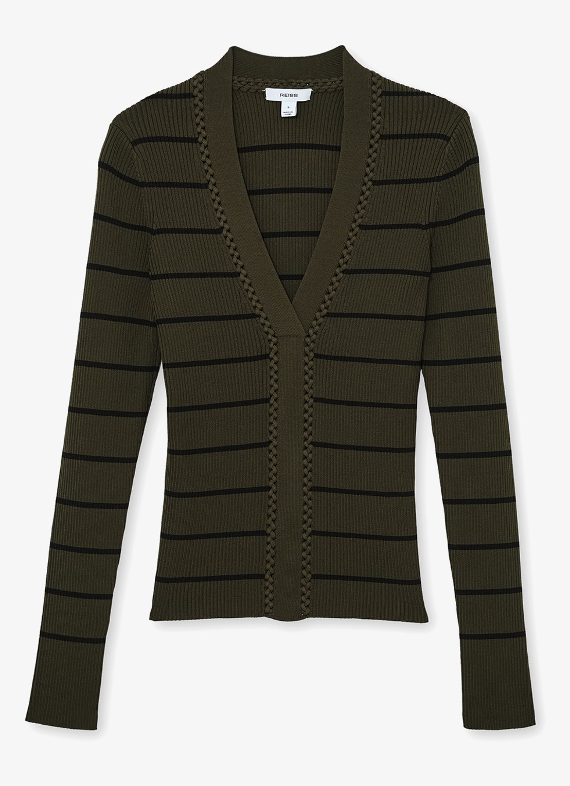 Reiss Lauralee ribgebreid trui met streepprint  - voorkant khaki