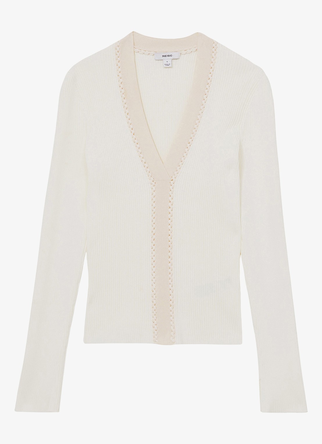 Reiss Lauri ribgebreide top met V-hals - voorkant 2 creme