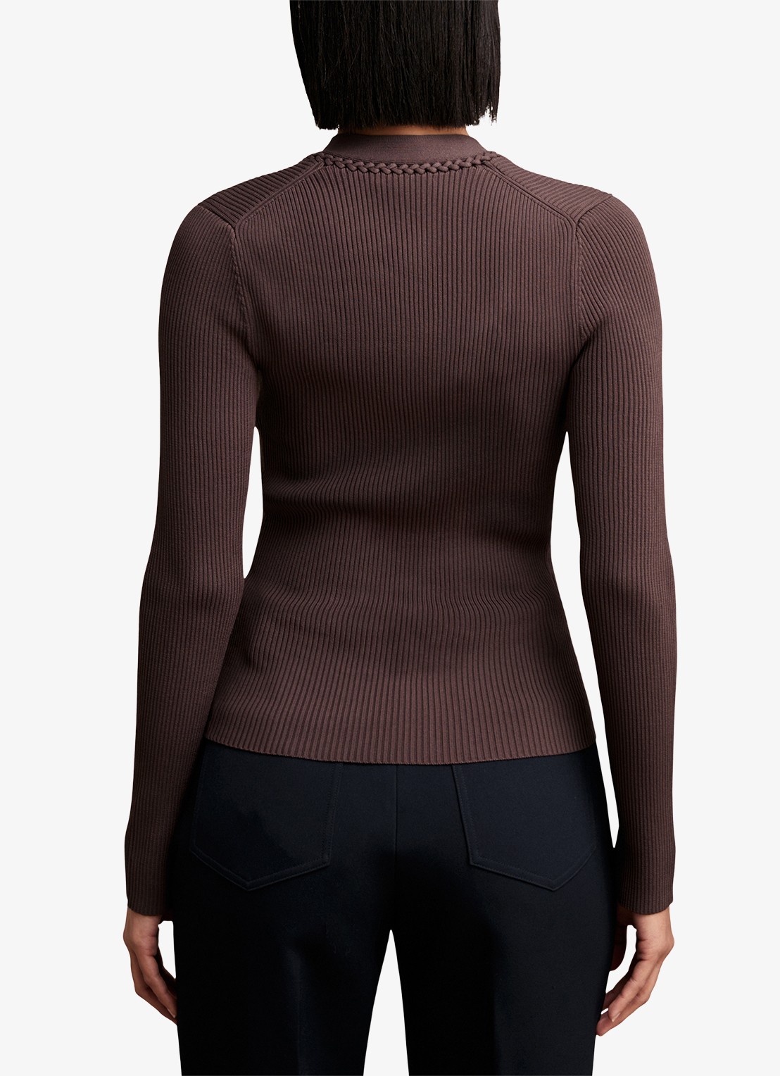 Reiss Lauri ribgebreide top met V-hals - achterkant 3 donkerbruin