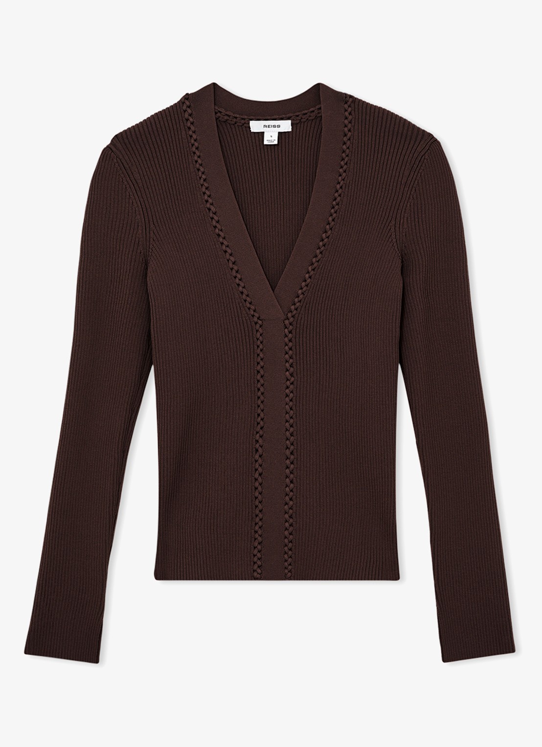 Reiss Lauri ribgebreide top met V-hals - voorkant donkerbruin