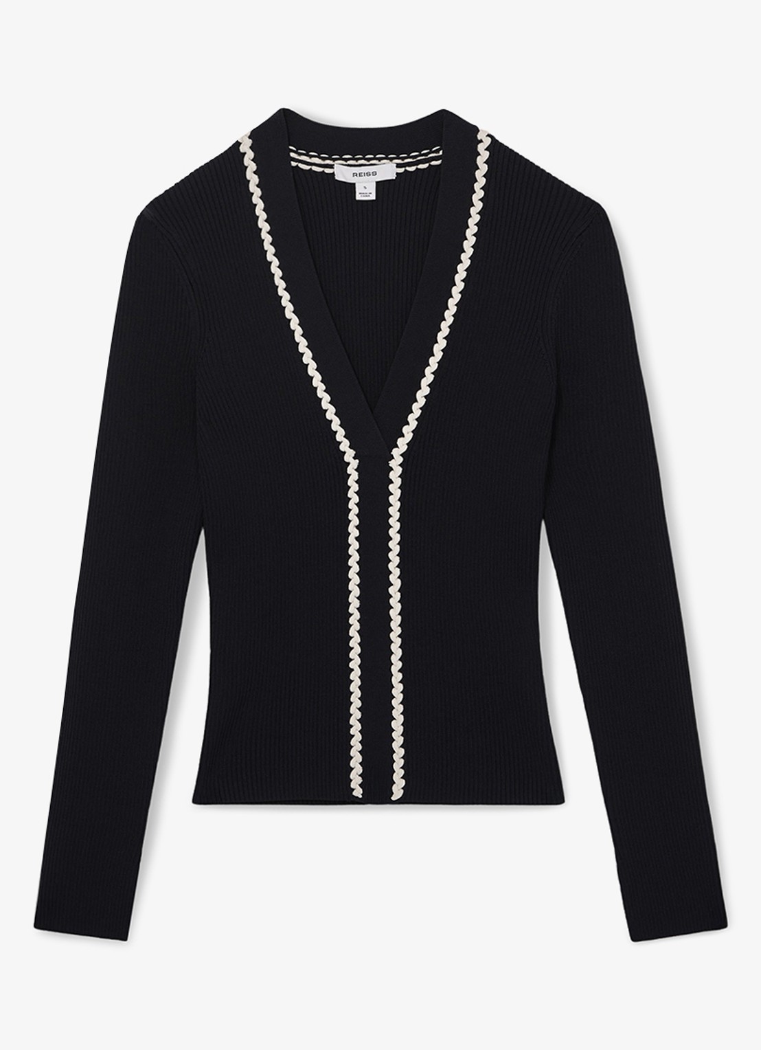 Reiss Lauri ribgebreide top met V-hals - voorkant donkerblauw