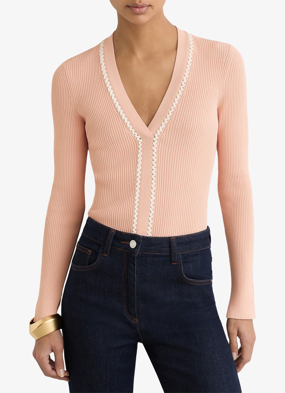 Reiss Lauri ribgebreide top met V-hals - detail 4 roze