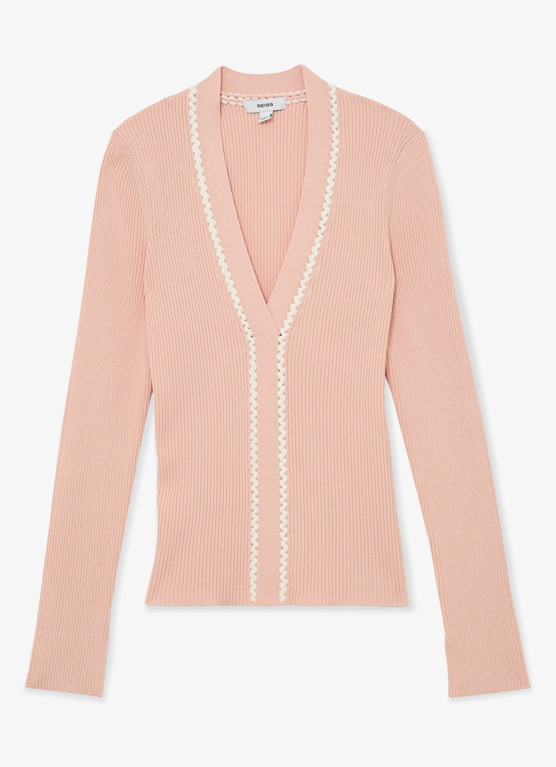 Reiss Lauri ribgebreide top met V-hals - voorkant roze