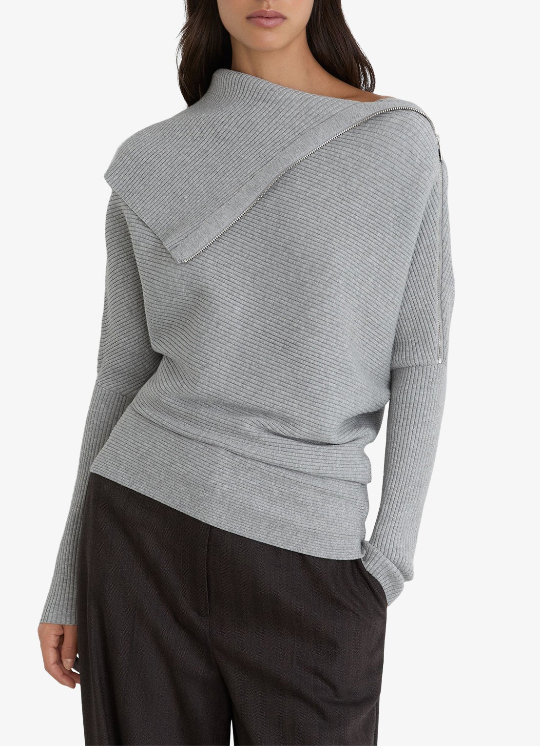 Reiss Leena ribgebreide trui met asymmetrische halslijn - detail grijs