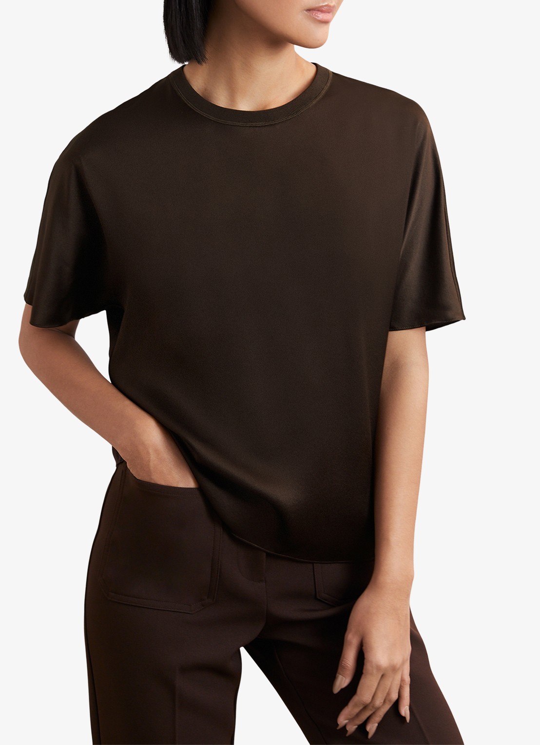 Reiss LENA Silk Short-Sleeve Top - detail 9 chocoladebruin