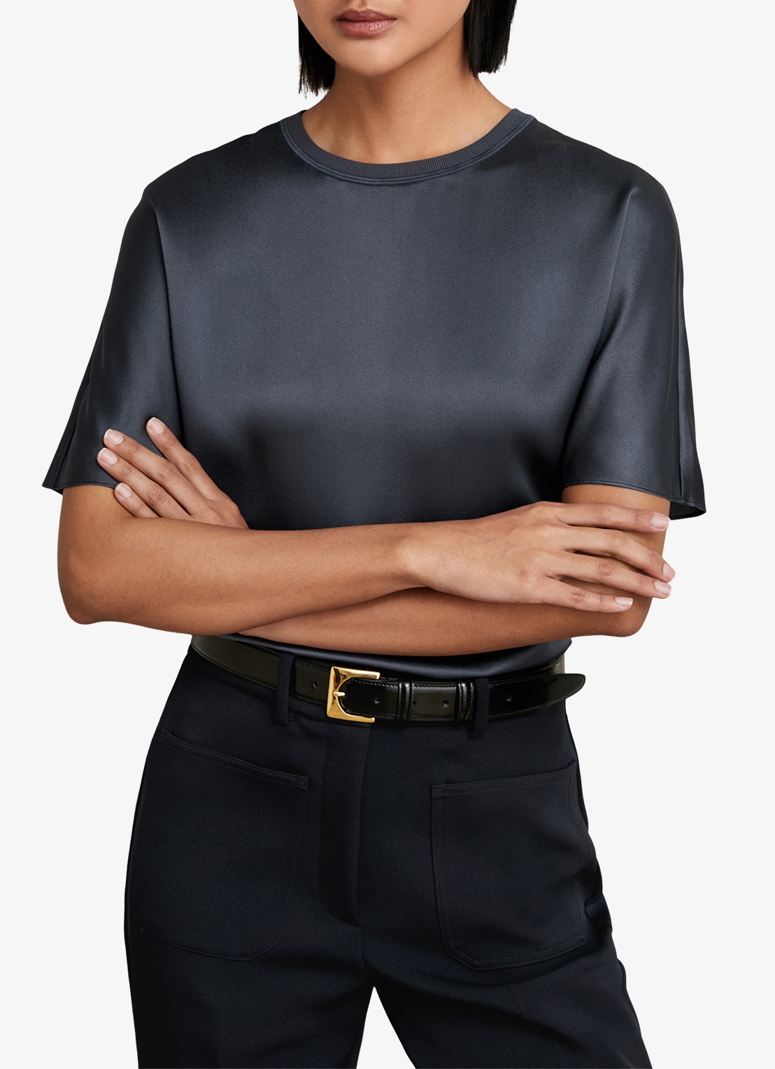Reiss LENA Silk Short-Sleeve Top - detail 2 donkerblauw
