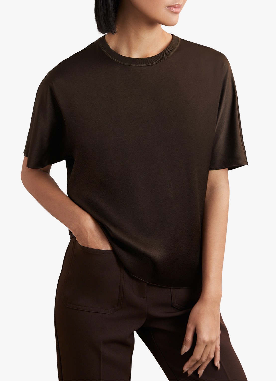 Reiss Lena top van zijde - detail 5 chocoladebruin