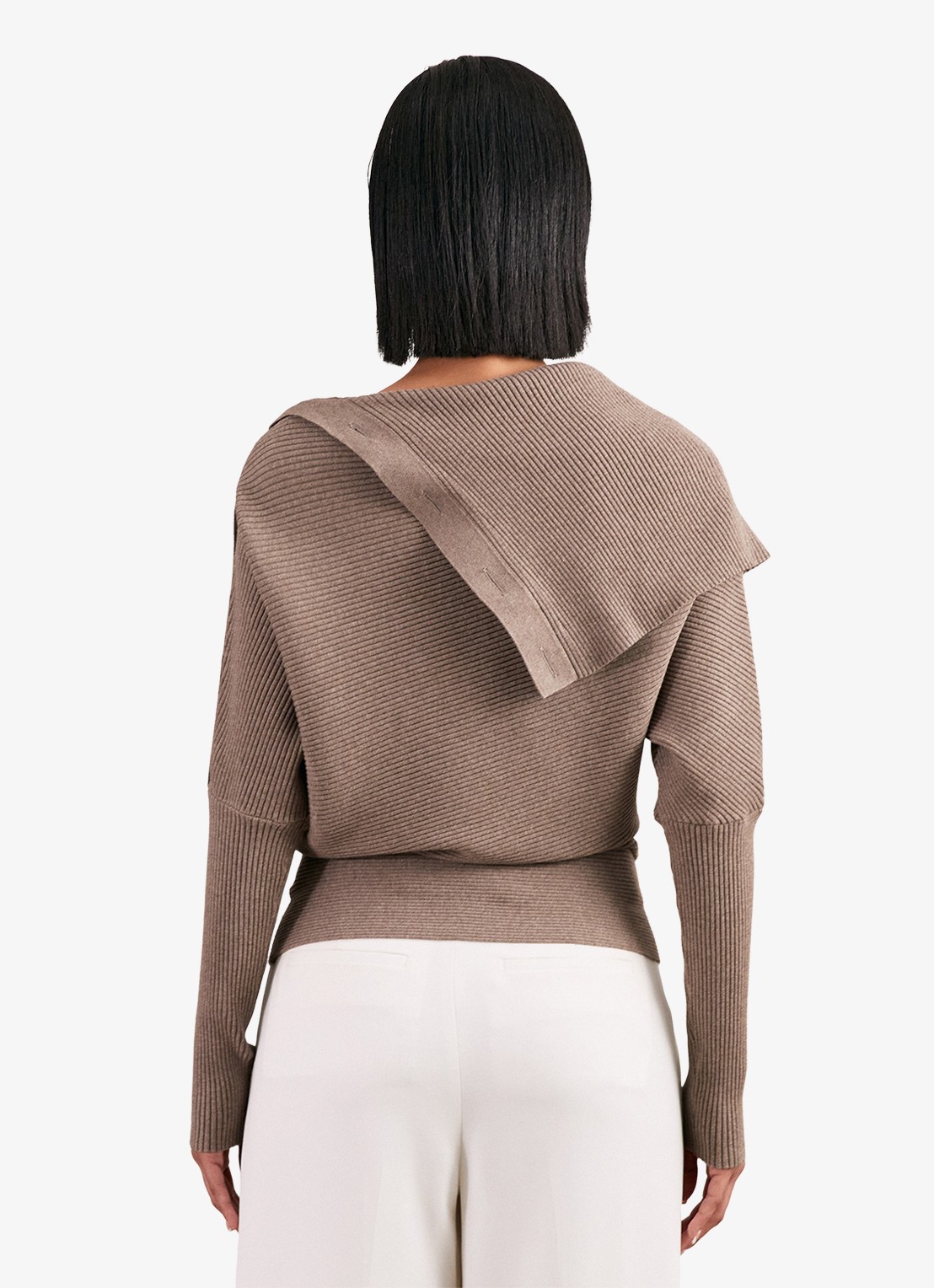 Reiss LEXI Rib-Knit Button Shawl Jumper - achterkant taupe