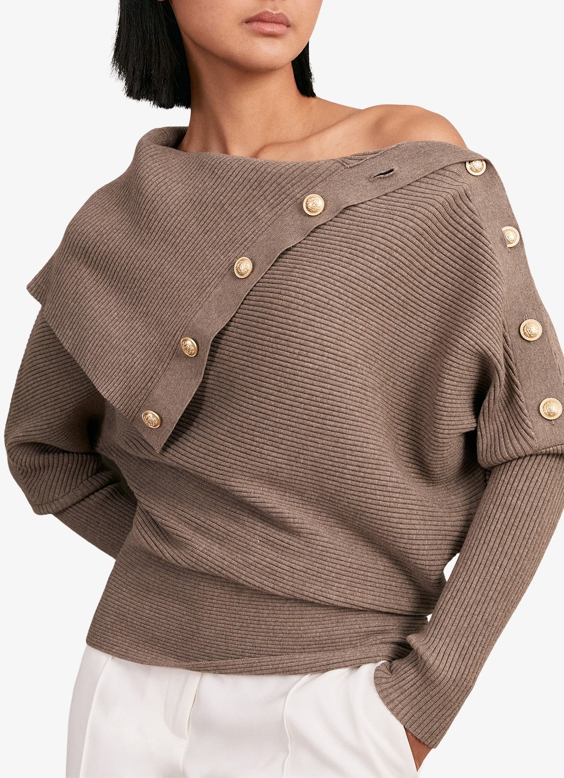 Reiss LEXI Rib-Knit Button Shawl Jumper - detail 4 taupe