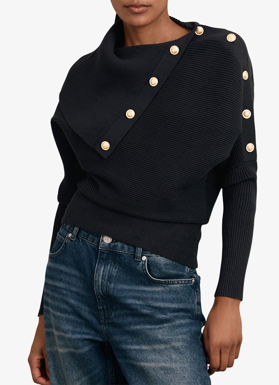 Reiss LEXI Rib-Knit Button Shawl Jumper - detail 4 donkerblauw