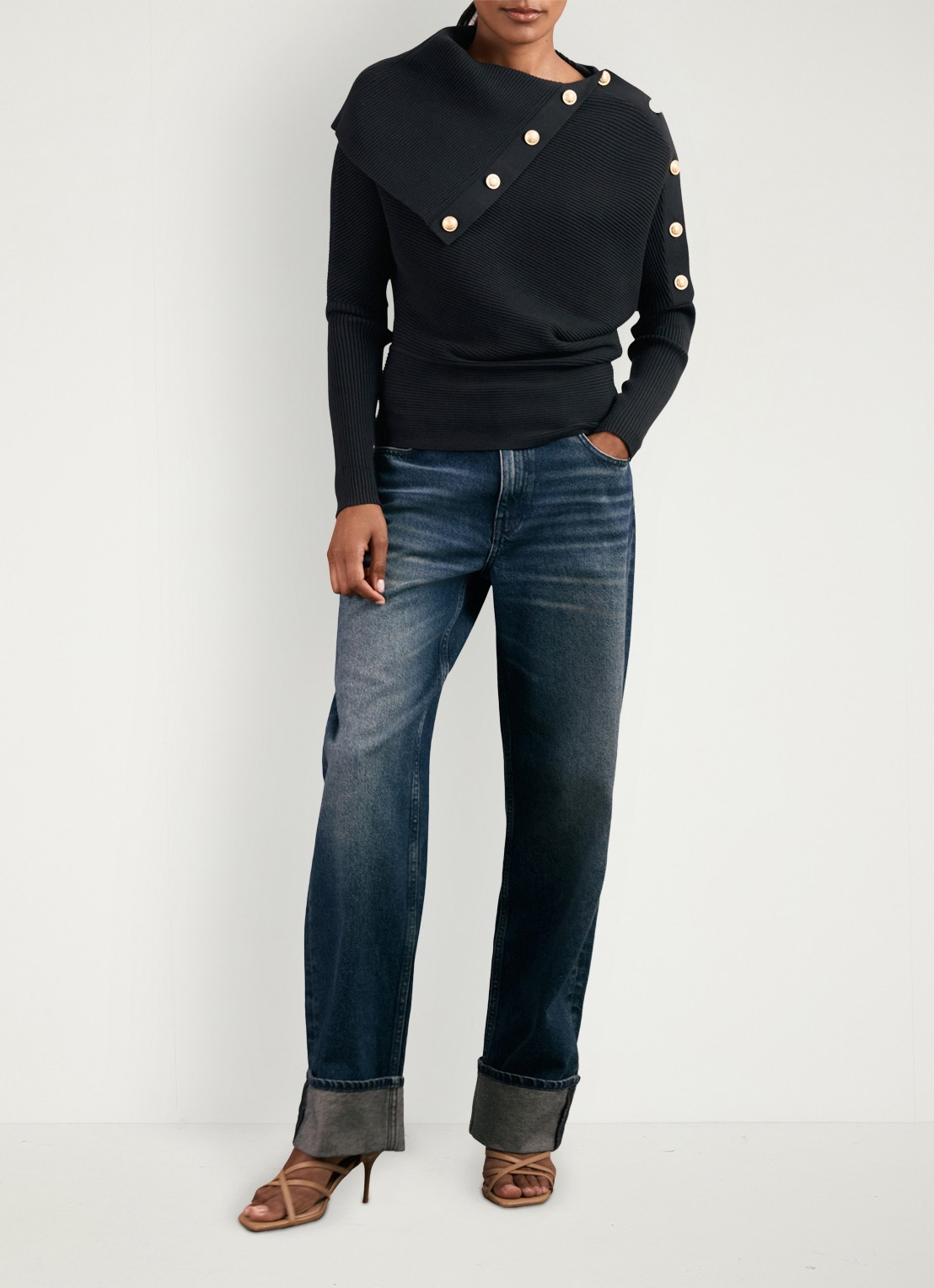 Reiss LEXI Rib-Knit Button Shawl Jumper - voorkant 3 donkerblauw