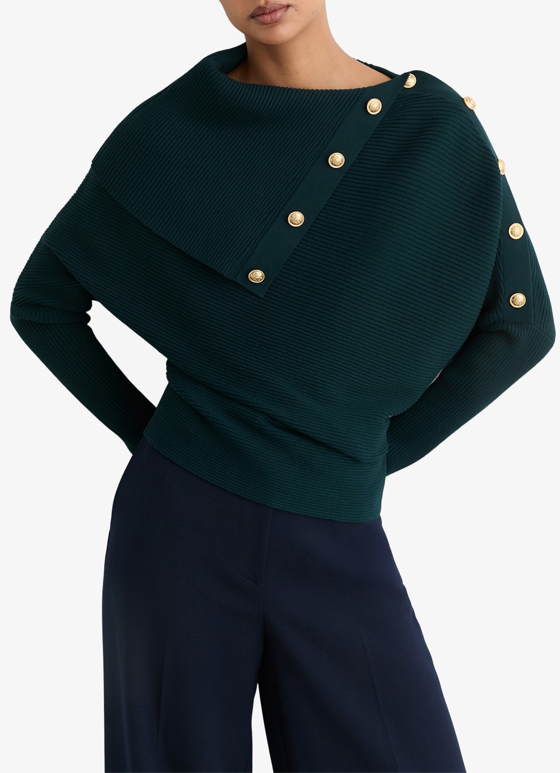 Reiss LEXI Rib-Knit Button Shawl Jumper - detail blauw