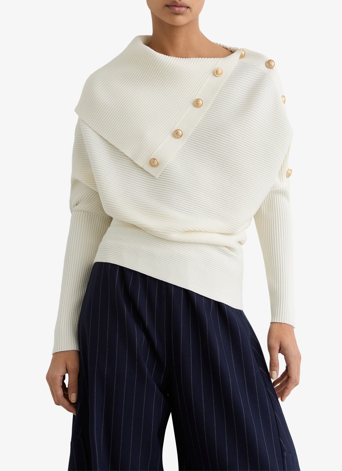 Reiss LEXI Rib-Knit Button Shawl Jumper - detail wit