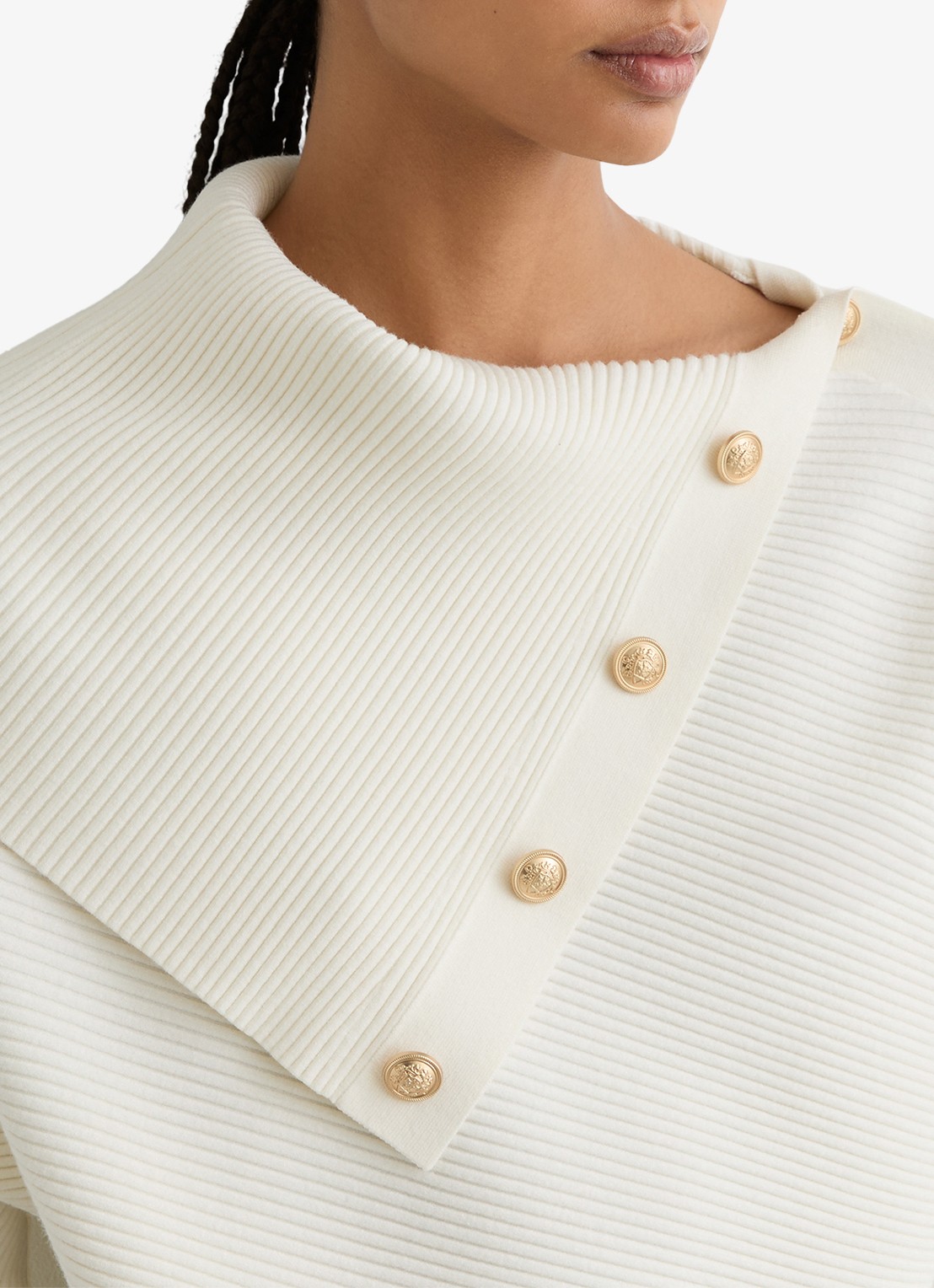 Reiss LEXI Rib-Knit Button Shawl Jumper - detail 2 wit