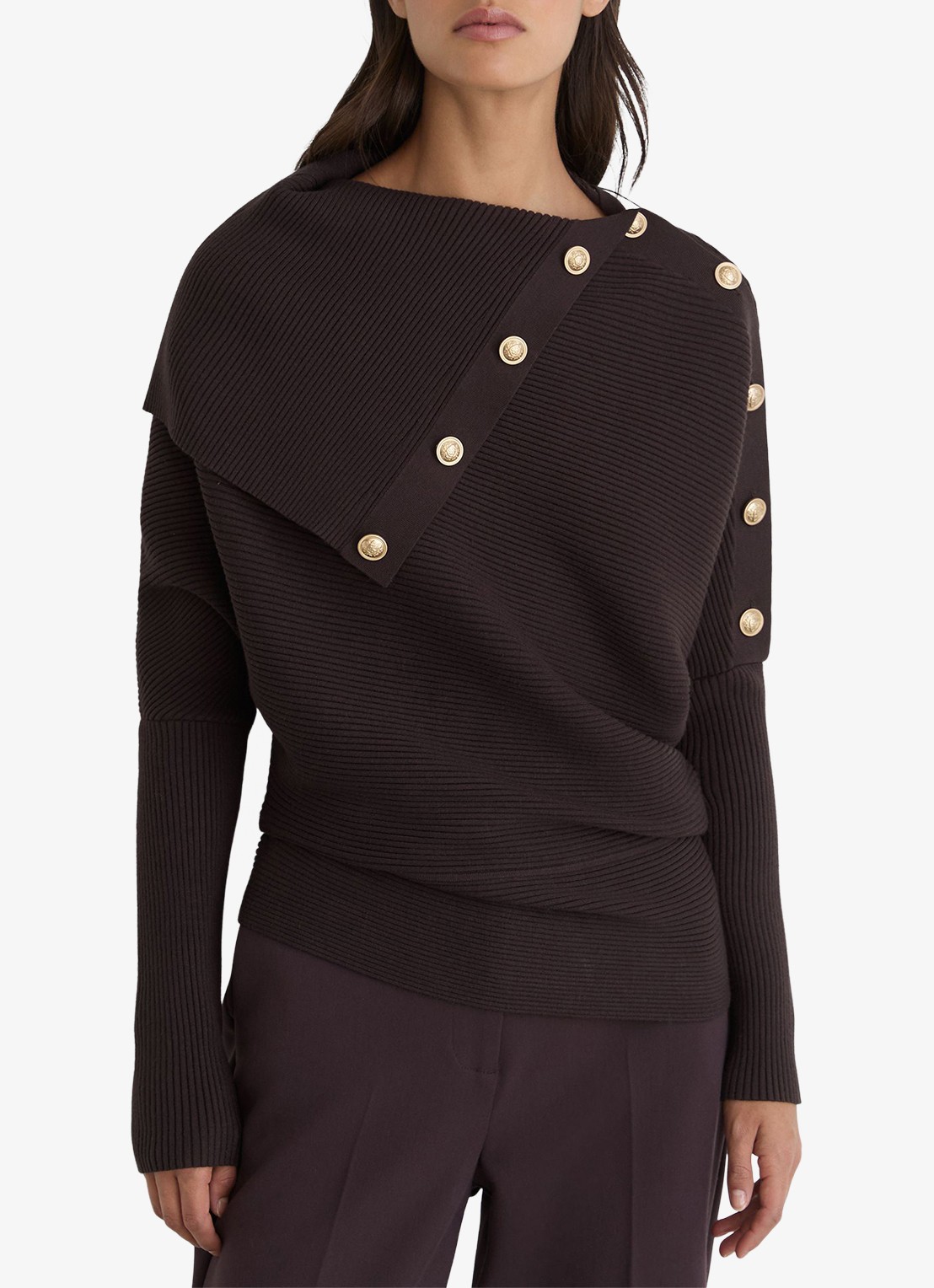 Reiss LEXI Rib-Knit Button Shawl Jumper - detail paars