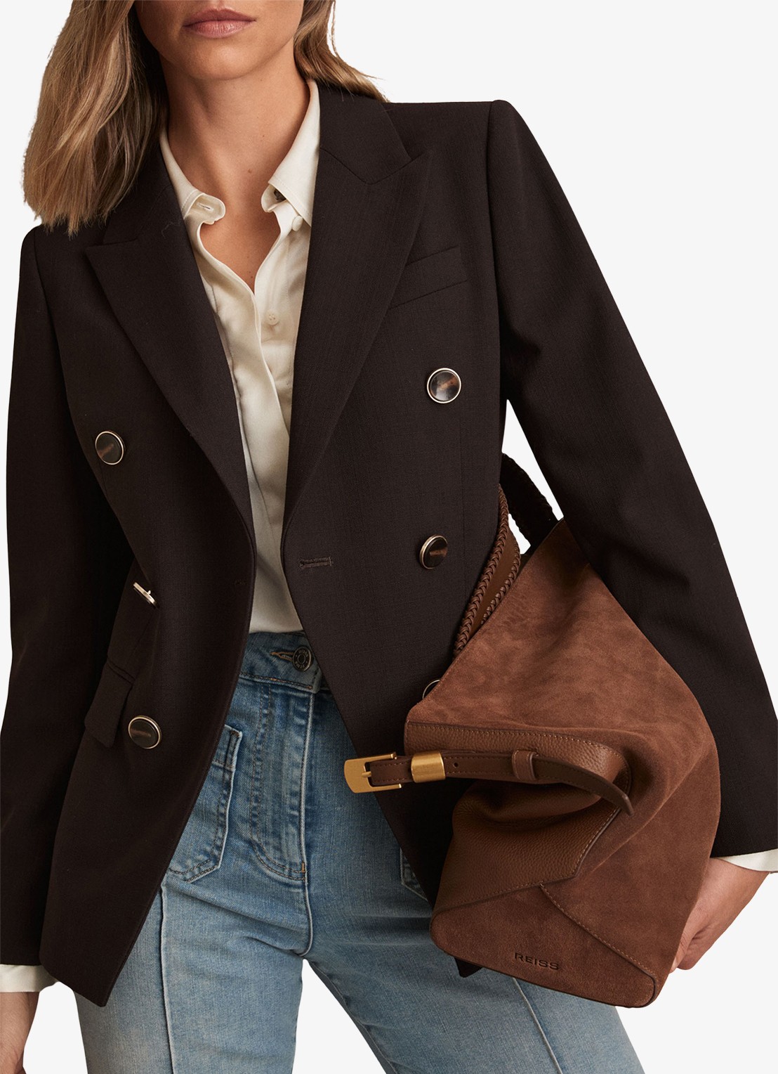 Reiss Lia double-breasted blazer in wolblend - detail chocoladebruin
