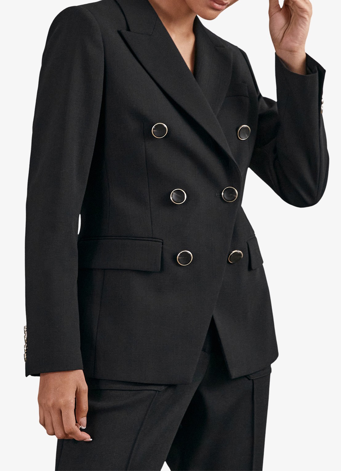 Reiss Lia double-breasted blazer in wolblend - detail 2 black / zwart