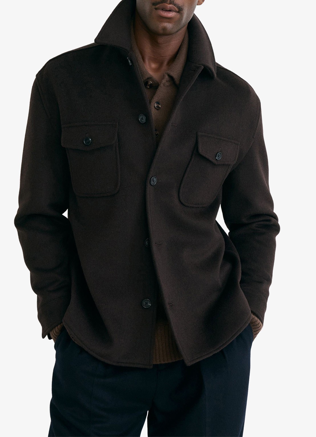 Reiss Liam overshirt in wolblend met borstzakken - detail donkerbruin