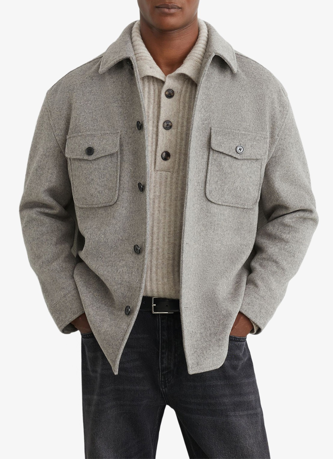Reiss Liam overshirt in wolblend met borstzakken - detail soft grey / grijs