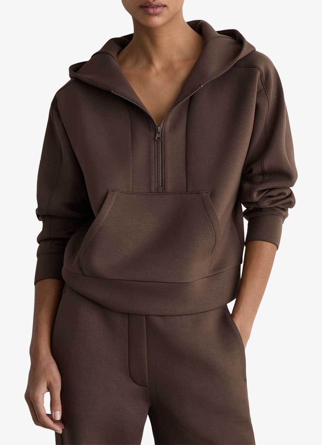 Reiss Lockie hoodie met halve rits - detail donkerbruin