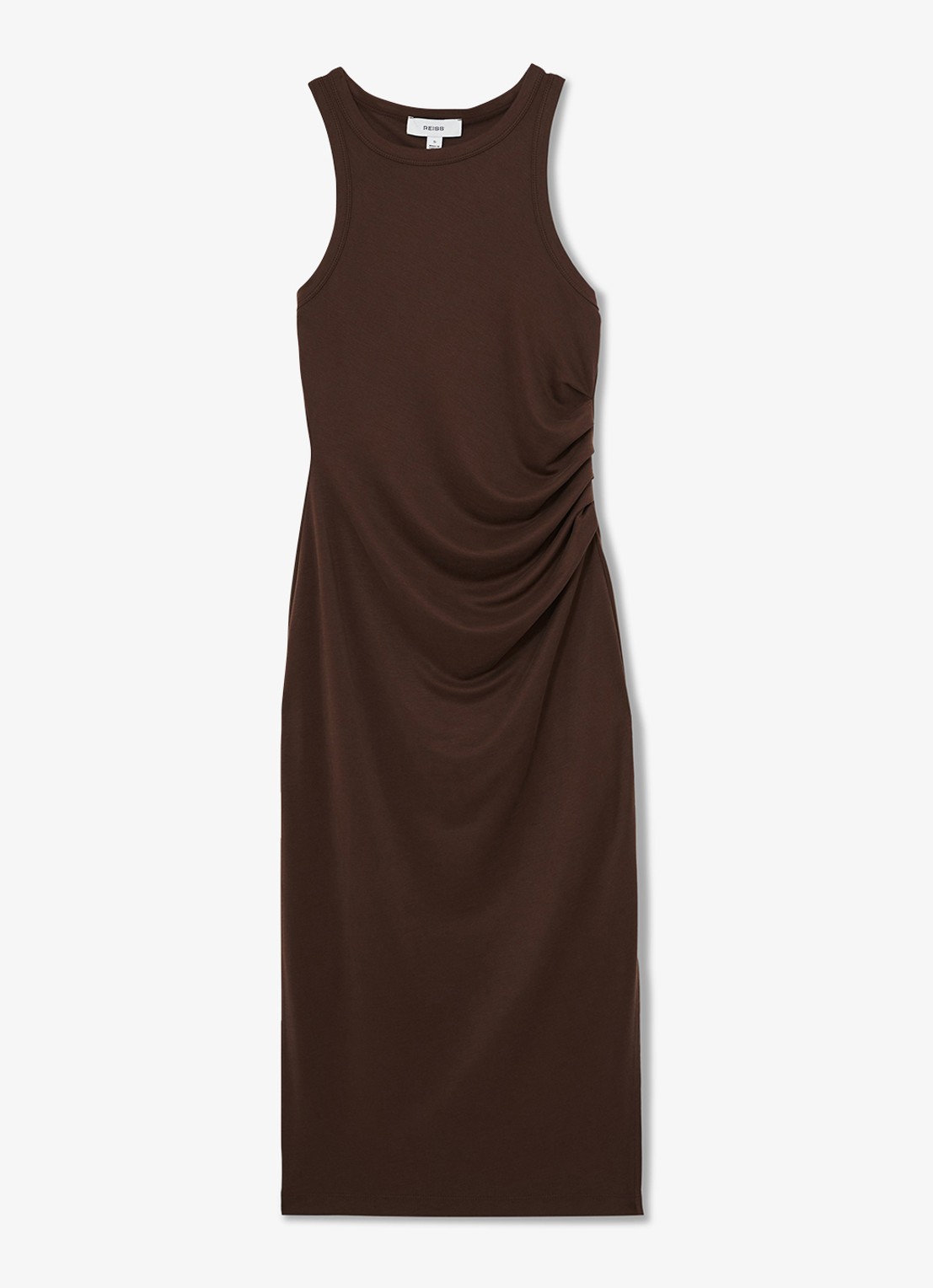 Reiss Lola midi jurk met plooidetail - voorkant 2 donkerbruin