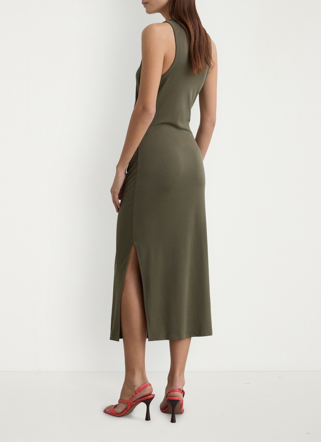 Reiss Lola midi jurk met plooidetail - achterkant 7 khaki green / groen