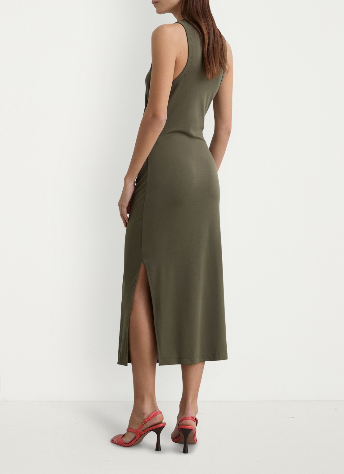 Reiss Lola midi jurk met plooidetail - achterkant 8 khaki green / groen