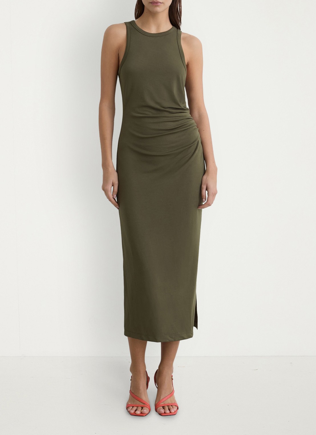 Reiss Lola midi jurk met plooidetail - detail 3 khaki green / groen